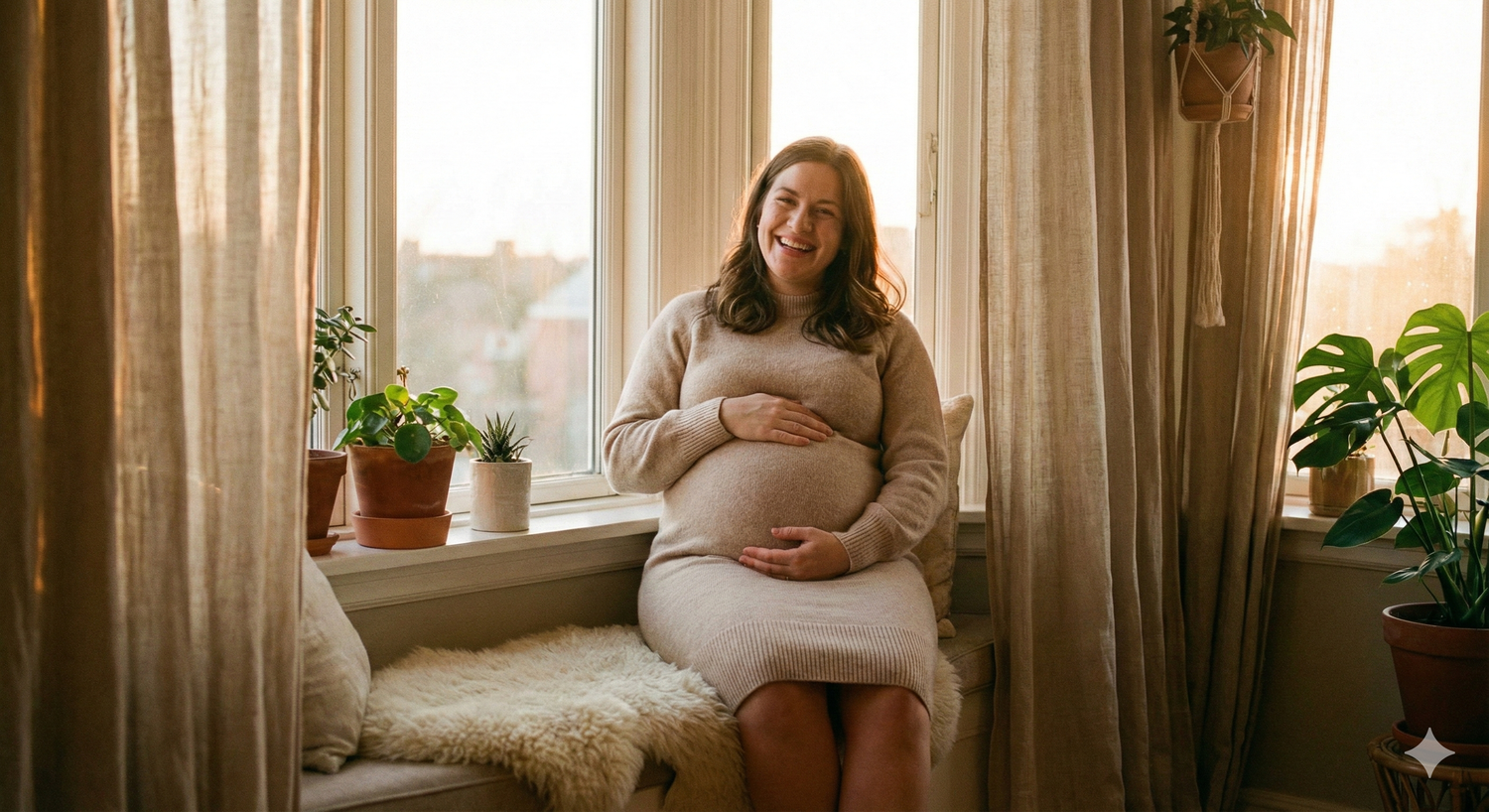 Future maman souriante tenant son ventre arrondi dans une ambiance douce