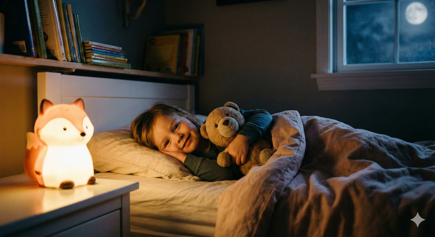 Un petit enfant rassuré dans son lit avec une veilleuse douce