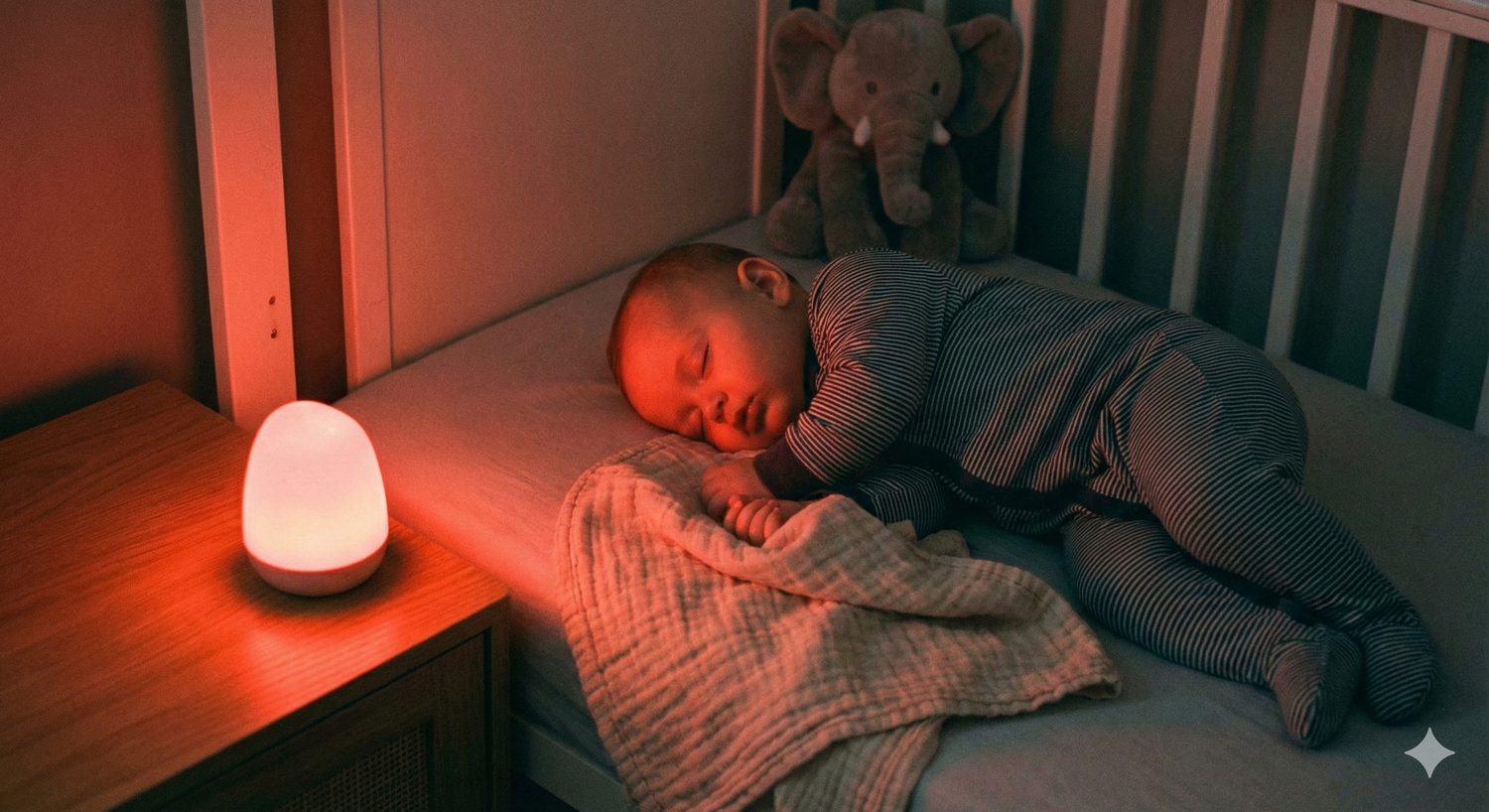 Bébé dormant paisiblement avec une veilleuse à lumière rouge douce