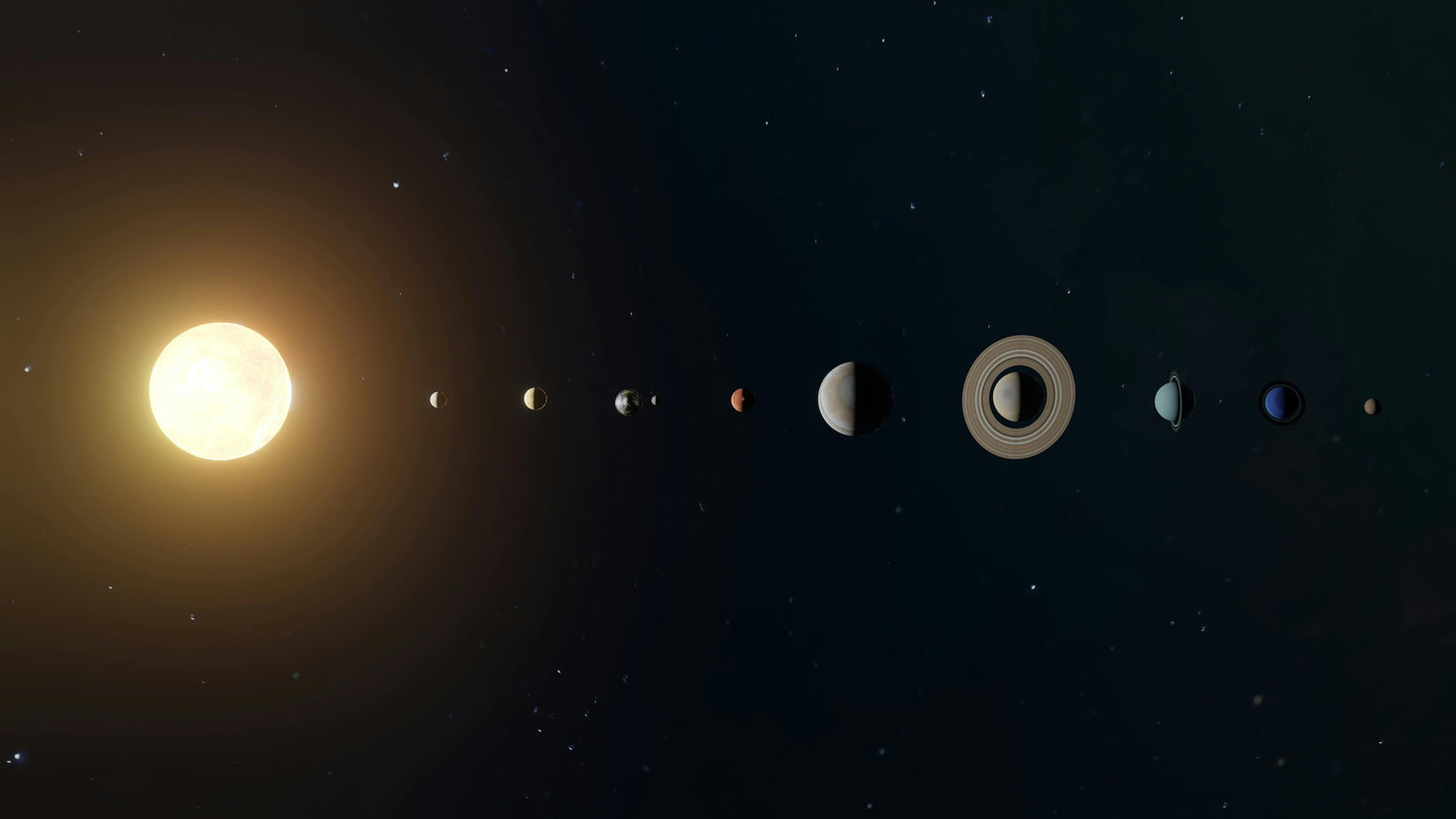 Vue d'artiste du système solaire complet avec le soleil et les orbites des planètes.
