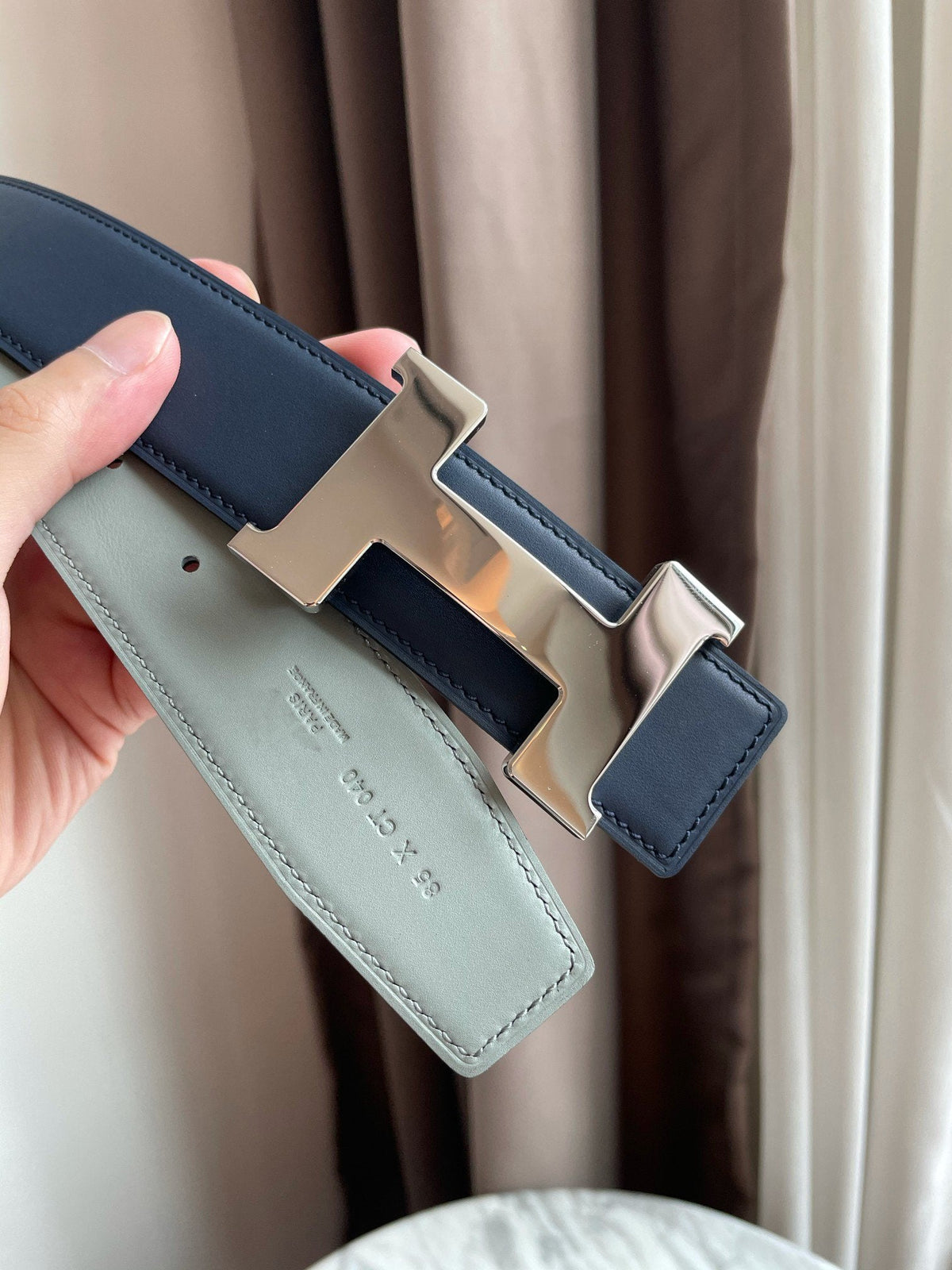 H CONSTANCE BELT 38MM SILVER BUCKLE PRUSSIAN BLUE SKY BLUE LEATHER