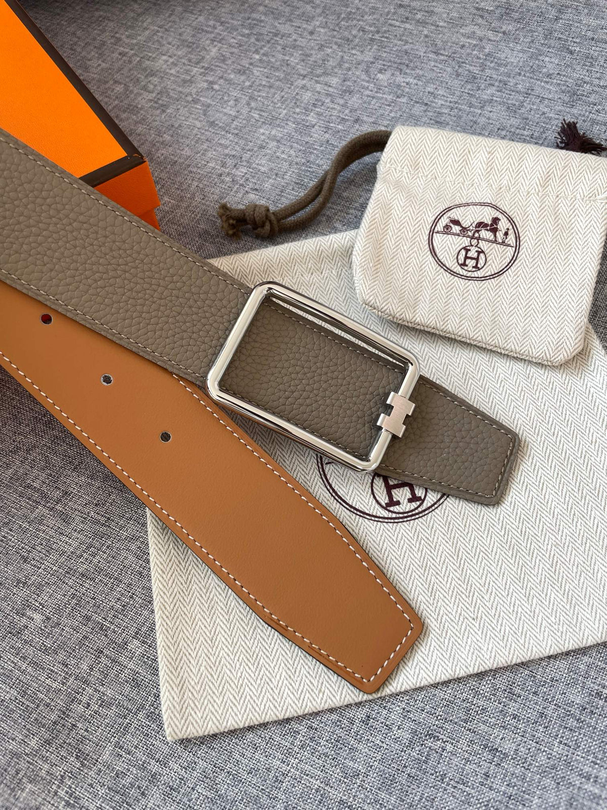 H TUBE BELT 38MM SILVER BUCKLE TIN GREY GOLD LEATHER