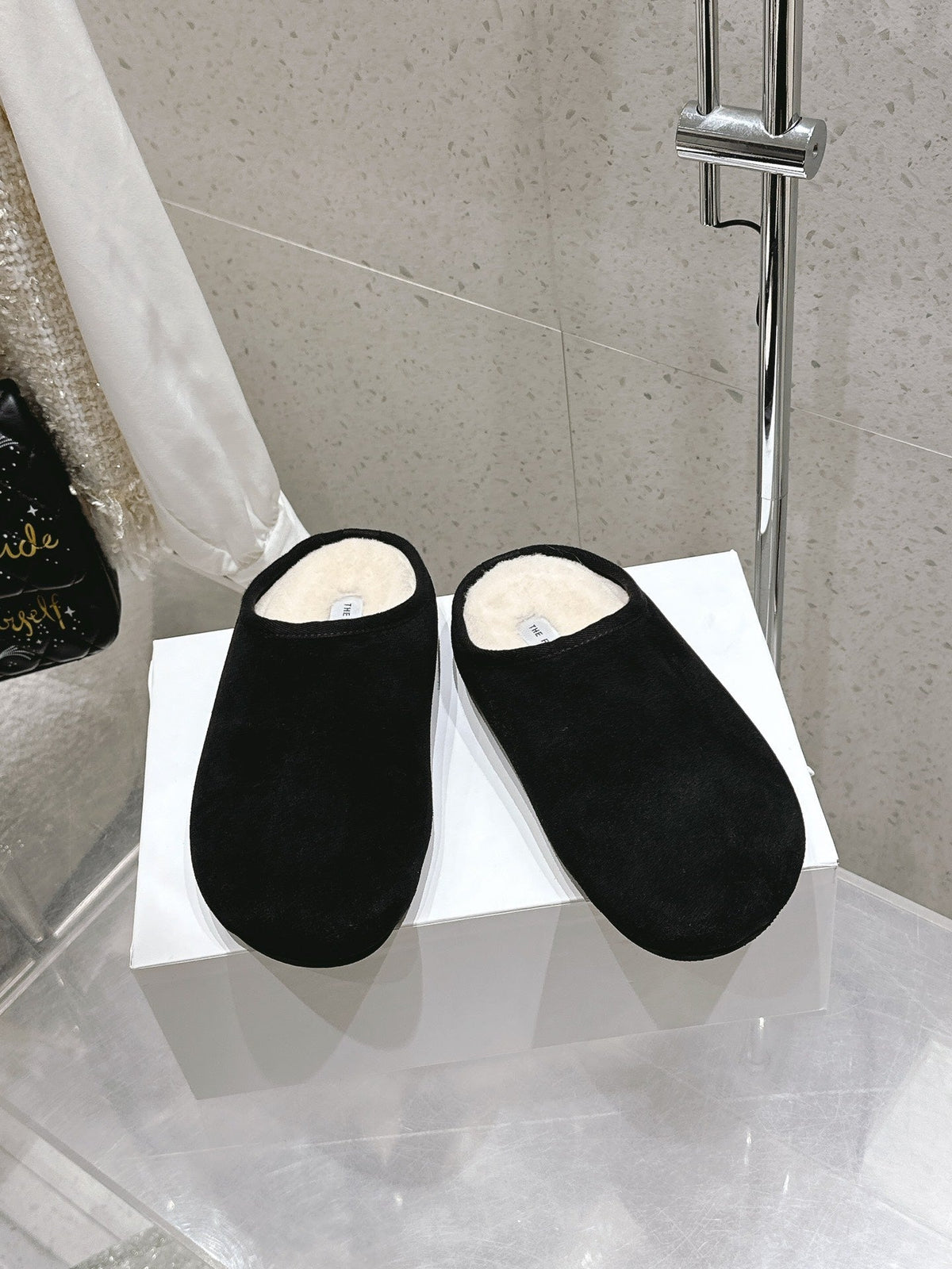The Row 2025 Slipper Black White Cowhide Wool 402119