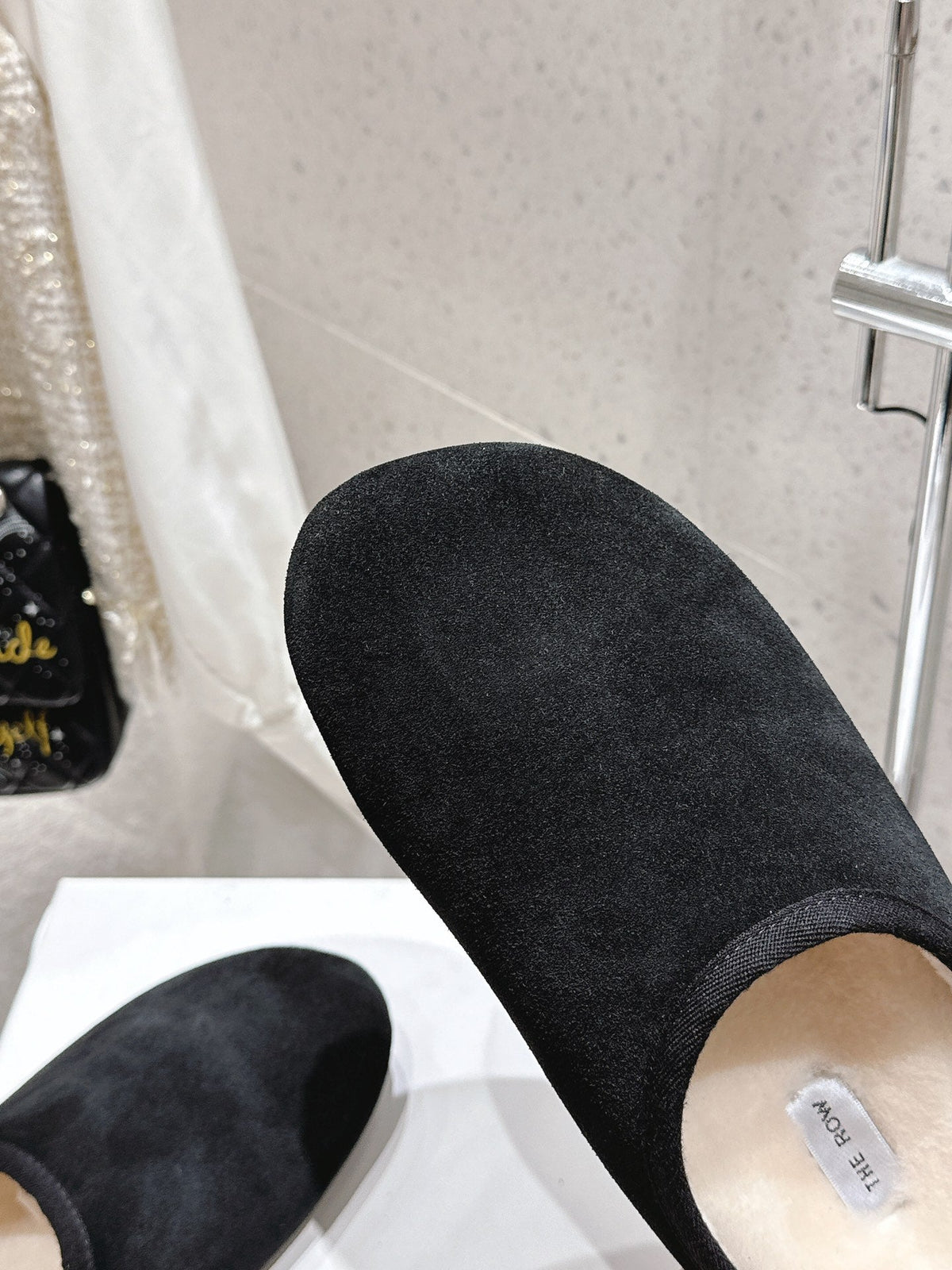 The Row 2025 Slipper Black White Cowhide Wool 402119