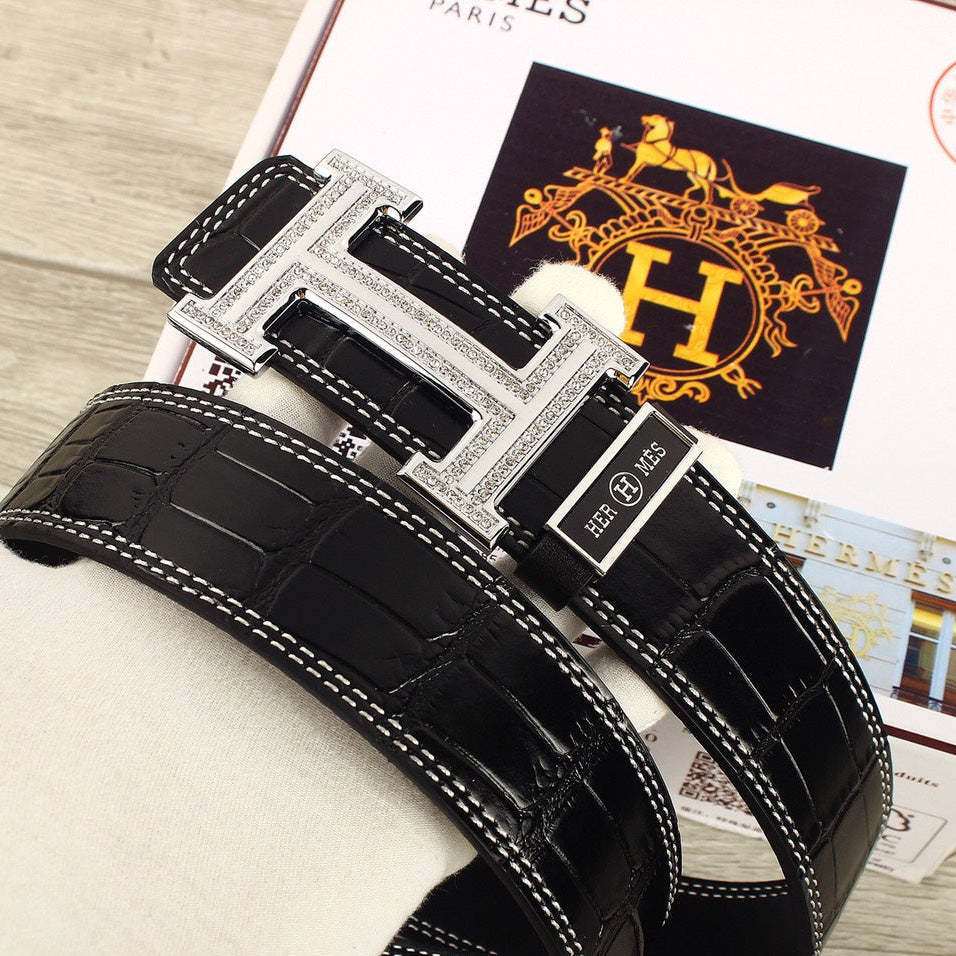 HM Original Belt 38mm Black Crocodile Pattern Leather Silver Buckle 620265