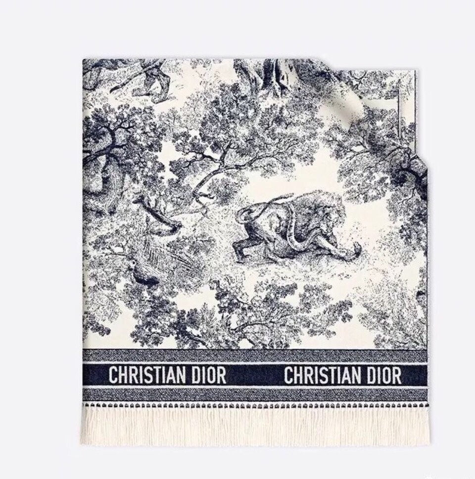 Dior 2026 Toile de Jouy Scarf 140cm Blue White Wool And Cashmere 190051