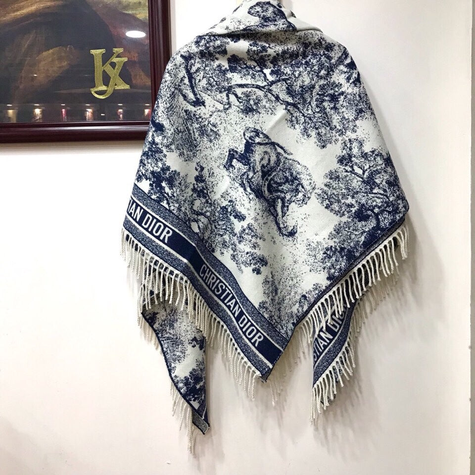 Dior 2026 Toile de Jouy Scarf 140cm Blue White Wool And Cashmere 190051