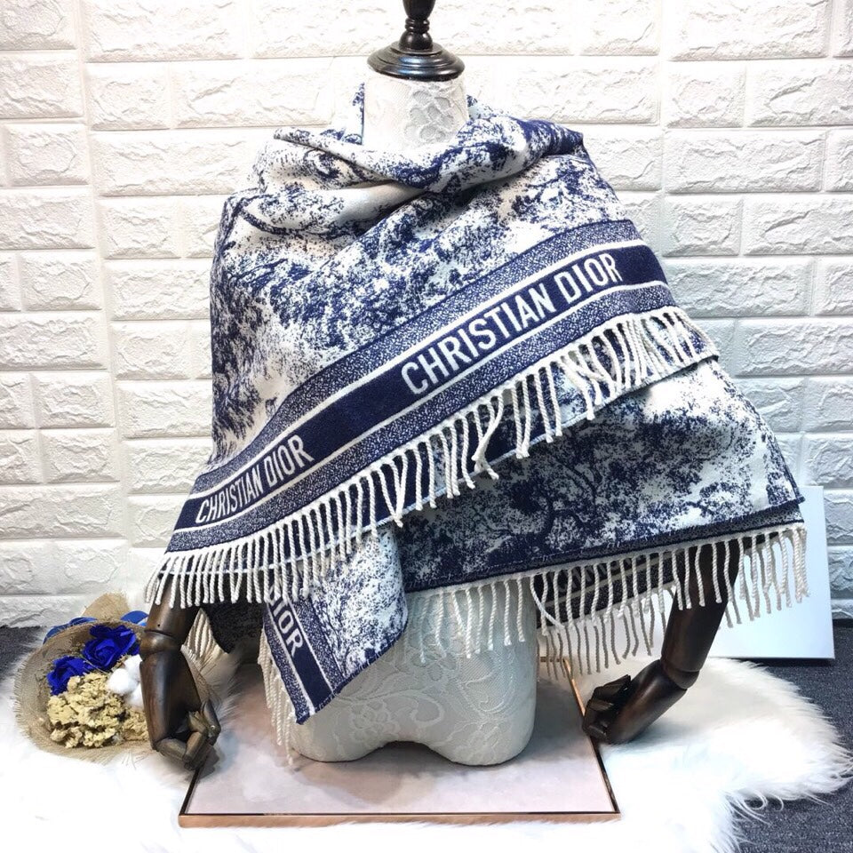Dior 2026 Toile de Jouy Scarf 140cm Blue White Wool And Cashmere 190051