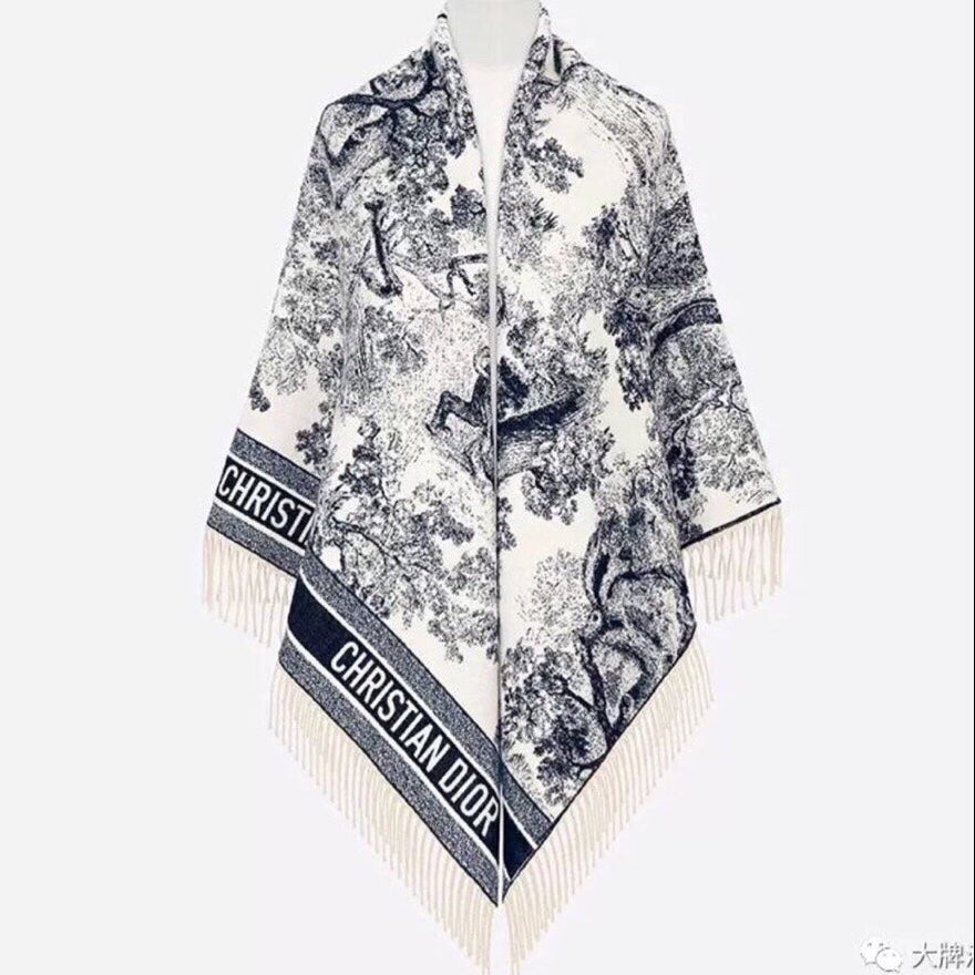 Dior 2026 Toile de Jouy Scarf 140cm Blue White Wool And Cashmere 190051