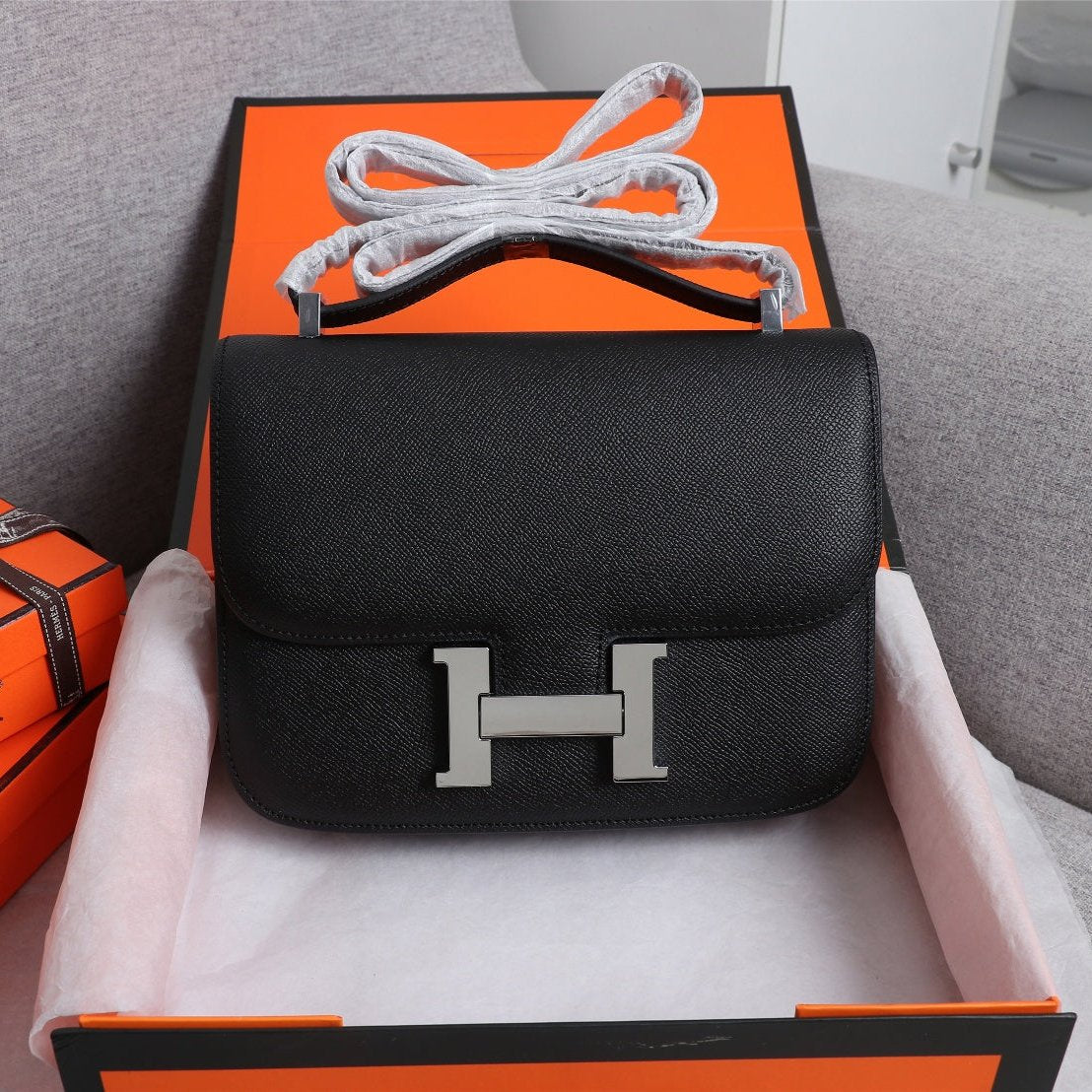 HM CONSTANCE BAGS 22 BLACK EPSOM SILVER HARDWARE