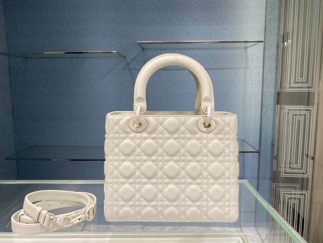 medium lady 24 matte white calfskin matte white hardware