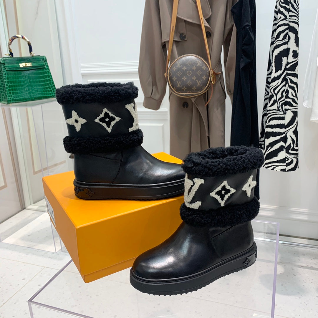 LV Snowdrop Flat Ankle Boot Black Monogram White Cowhide