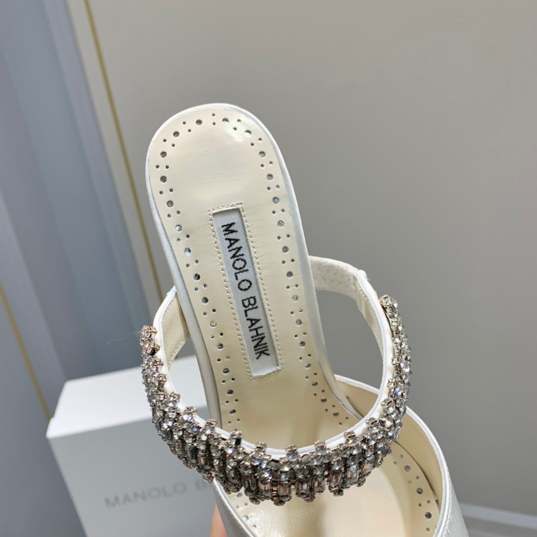 Manolo Mules Diamond Buckle White Silk Satin 218814