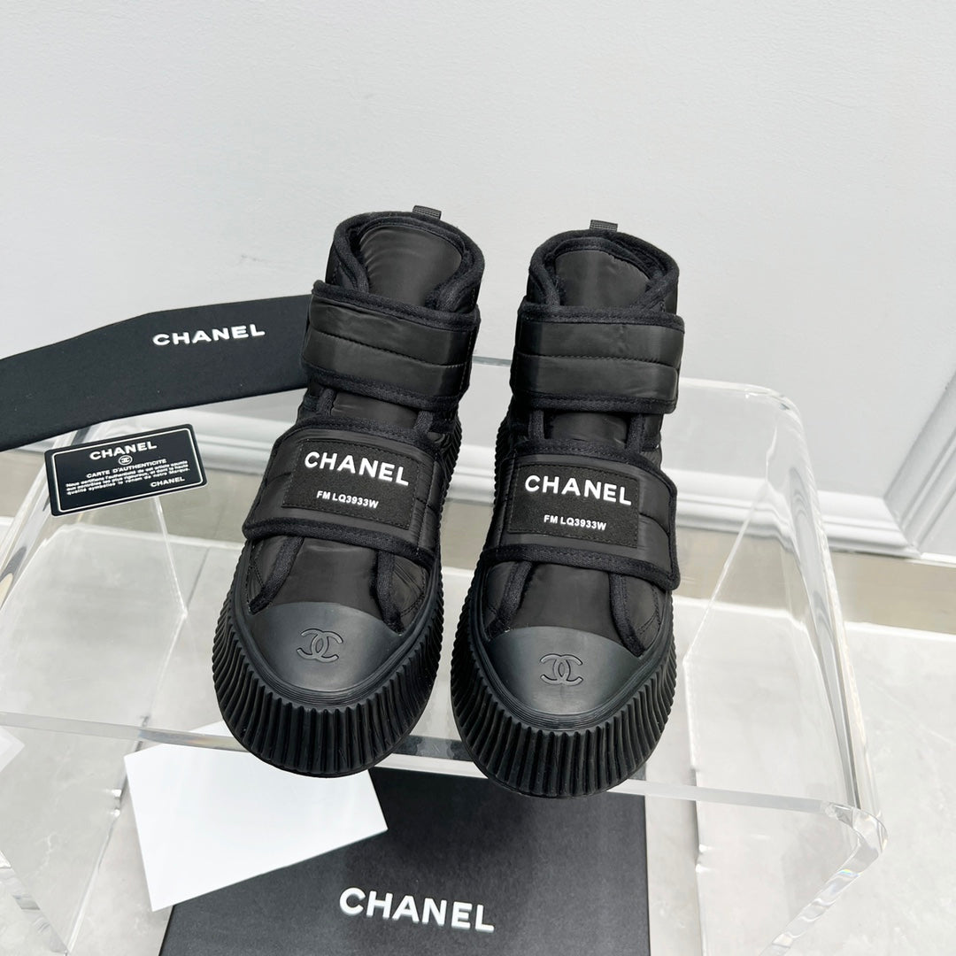 CC High Top Sneaker Thick-Soled Black Rain Velvet Fabric