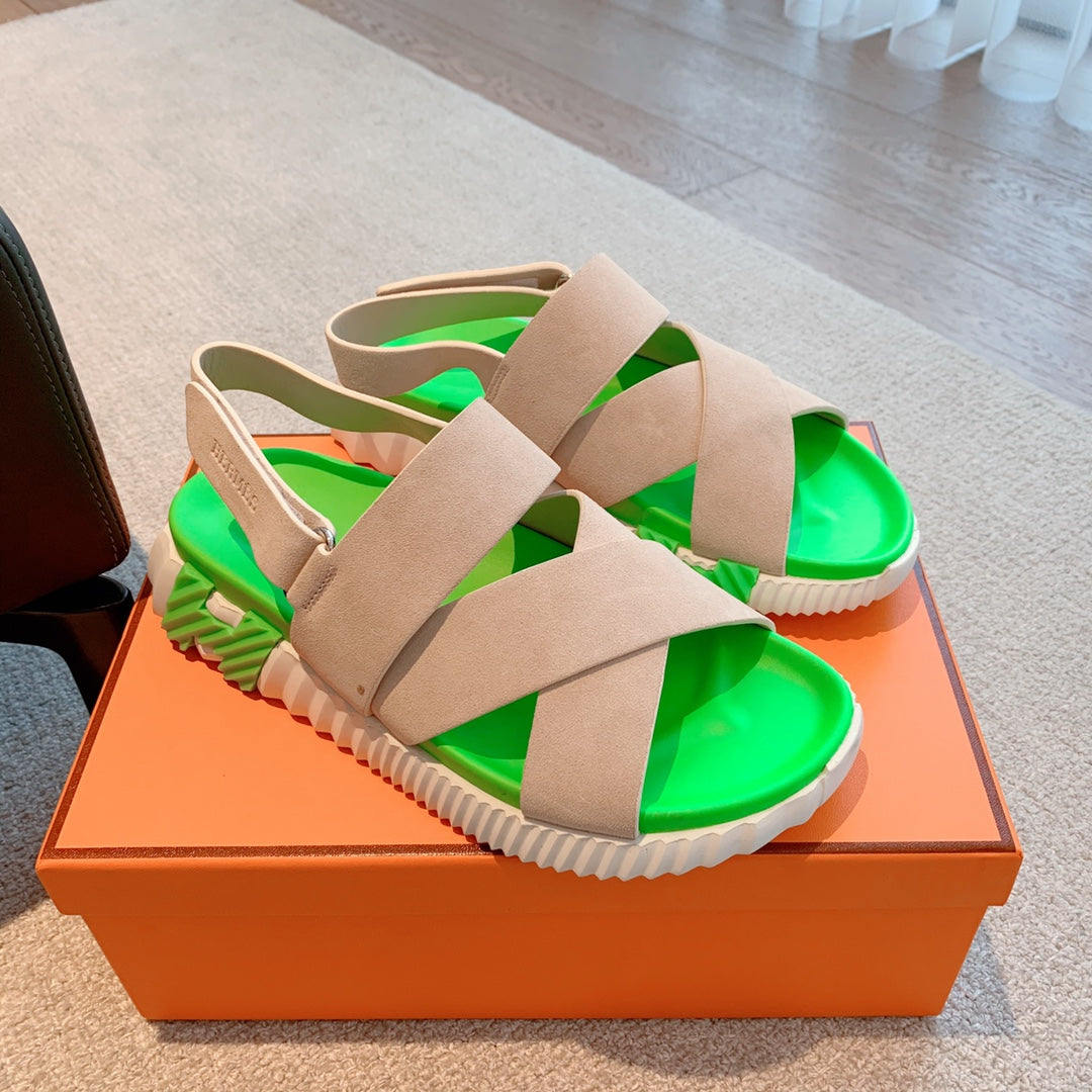 HM ELECTRIC SANDAL PARAKEET AND KHAKI CALFSKIN