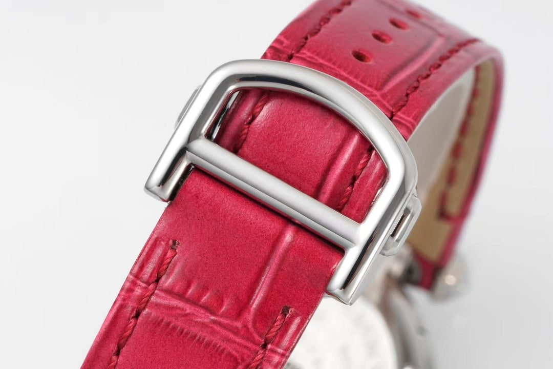 pasha 30mm quartz pink gold white dial red leather