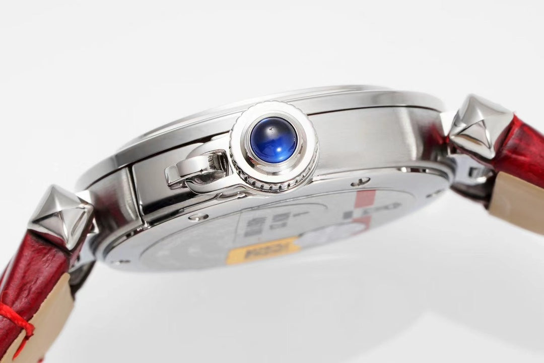 pasha 30mm quartz stainless steel white dial red leather