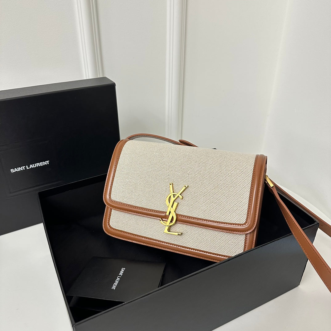 YSL Solferino Small Satchel Bag Brown Beige Gold Calfskin Canvas 339479