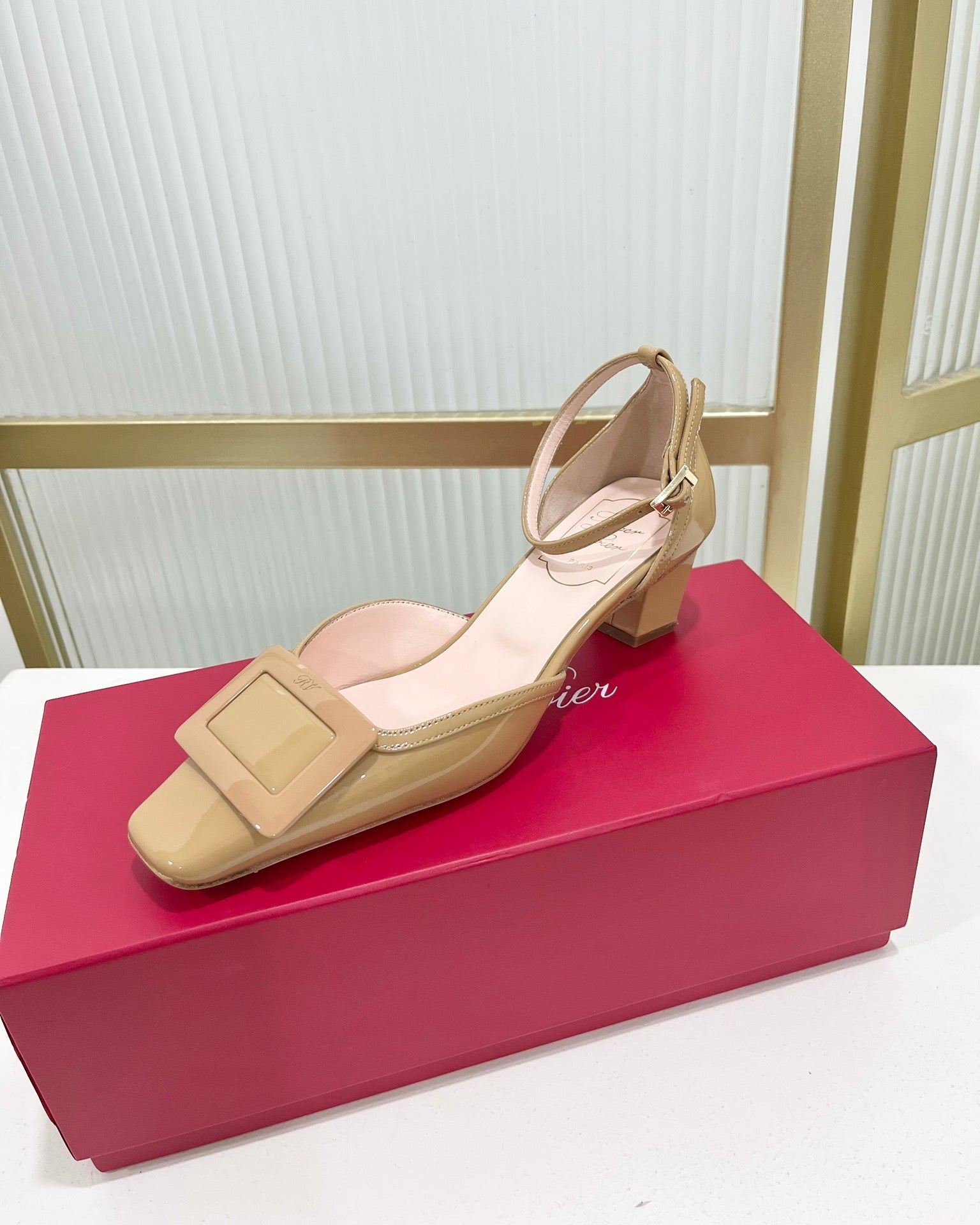 Trompette Metal Buckle Slingback Pump 45 Camel Patent Leather