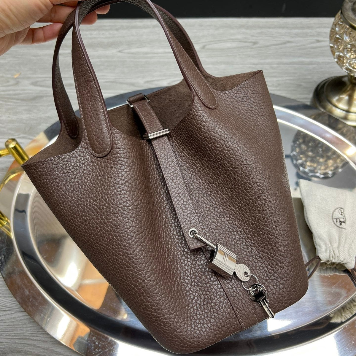 HM PICOTIN LOCK CHOCOLATE TOGO LEATHER