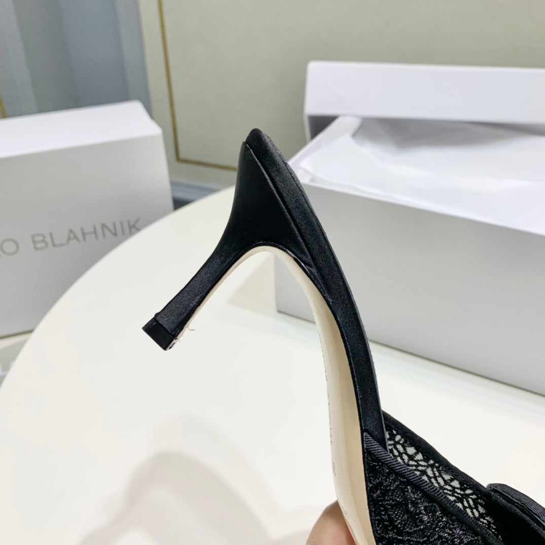 Manolo Mules 7cm Black Hollow Lace Leather Bottom 451197