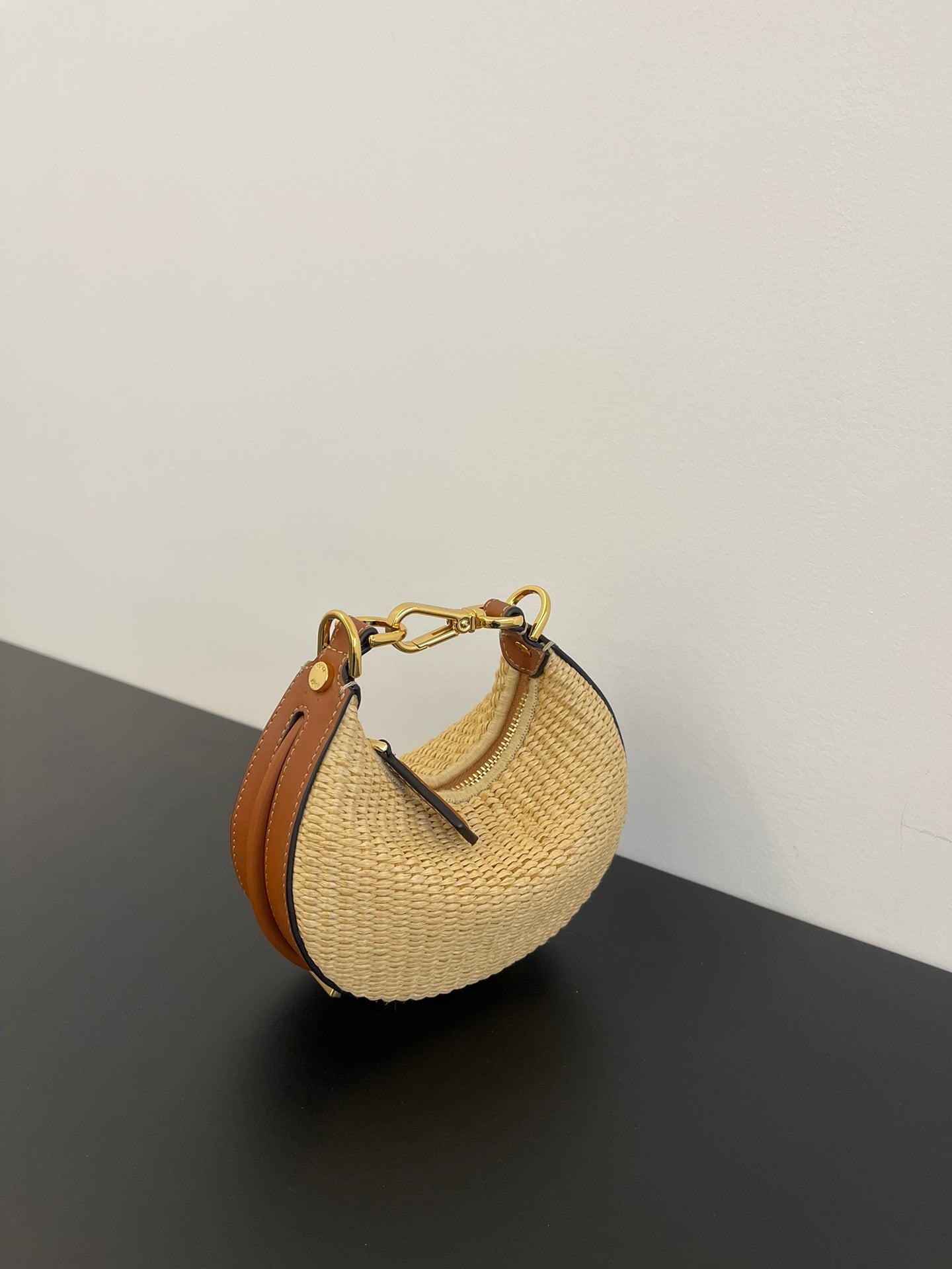 FENDIGRAPHY MINI 16 IN BEIGE STRAW AND BROWN CALFSKIN TRIM GOLD HARDWARE