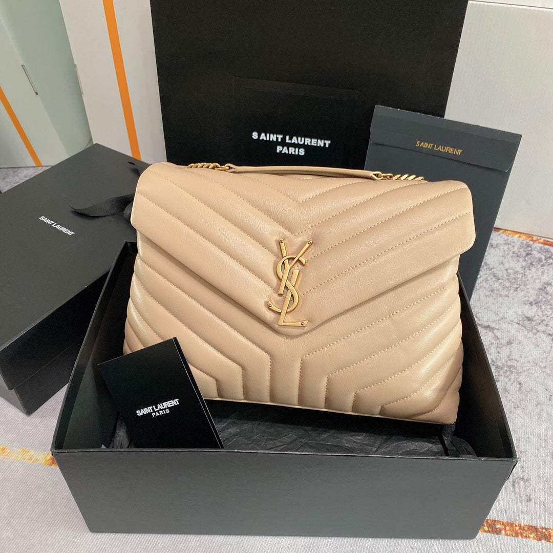 LOULOU MEDIUM 32 BEIGE QUILTED LEATHER GOLD HARDWARE