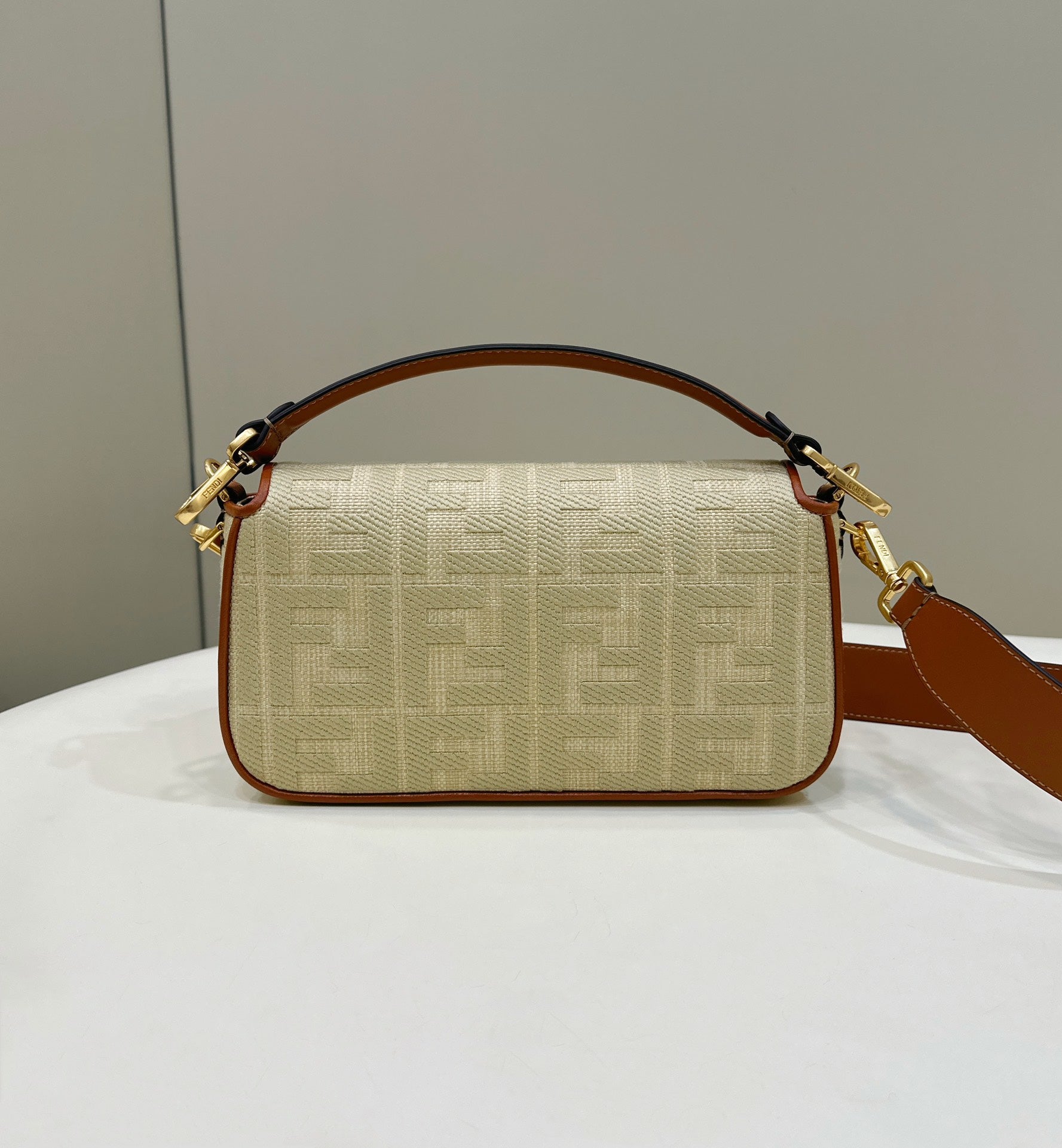 Fend Baguette Tan Beige Canvas Bag 27 with FF Embroidery Ghw