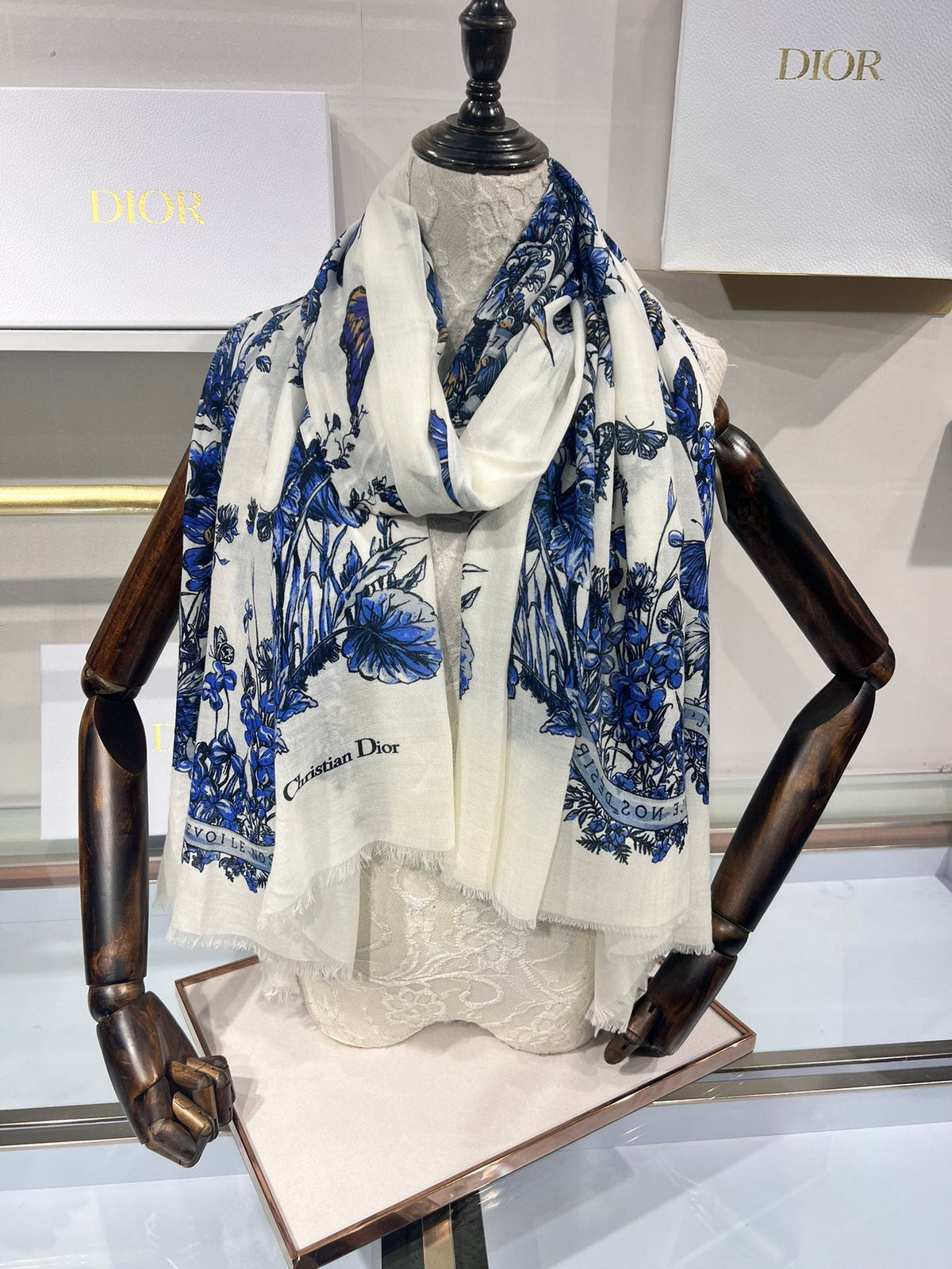 Dior 2026 Butterfly Floral Scarf 200cm Blue White Silk And Cashmere 183310