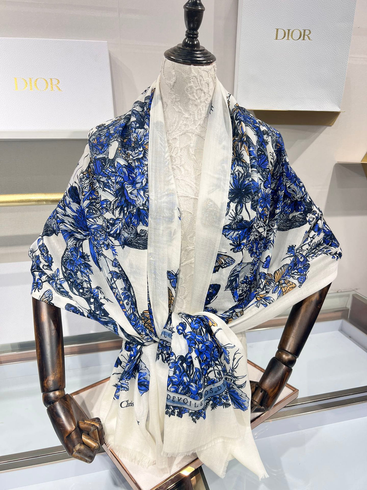 Dior 2026 Butterfly Floral Scarf 200cm Blue White Silk And Cashmere 183310
