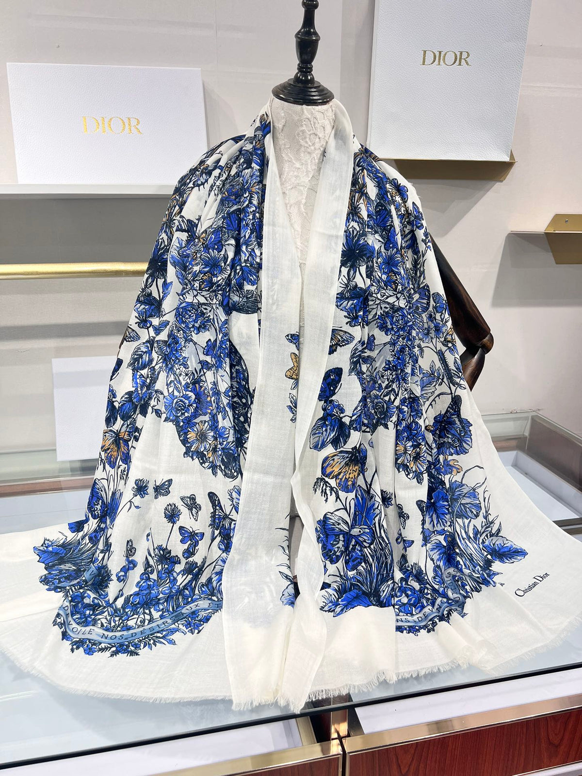 Dior 2026 Butterfly Floral Scarf 200cm Blue White Silk And Cashmere 183310