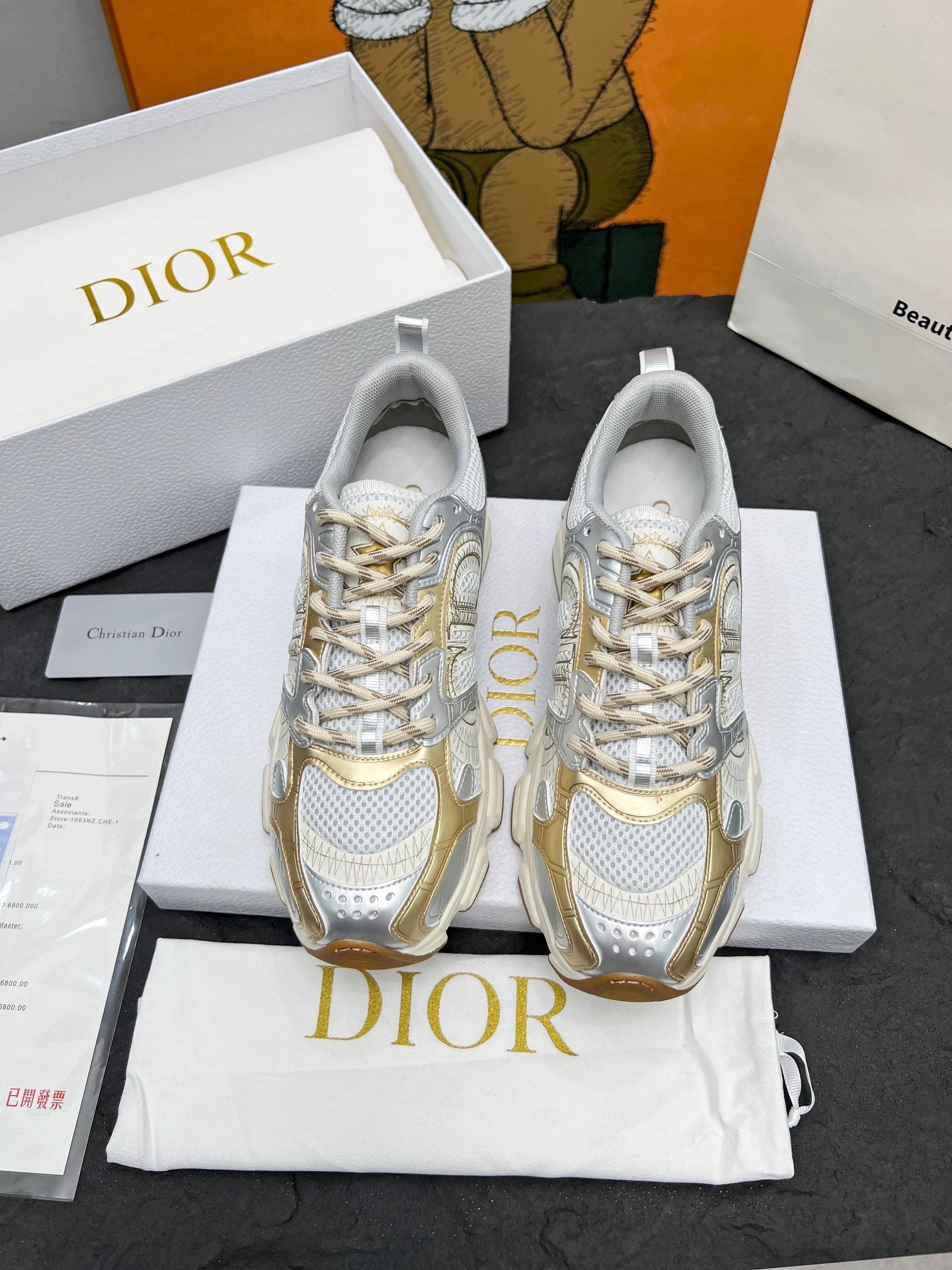 CD Chrono Sneaker Grey Gold Mesh Fabric And Calfskin