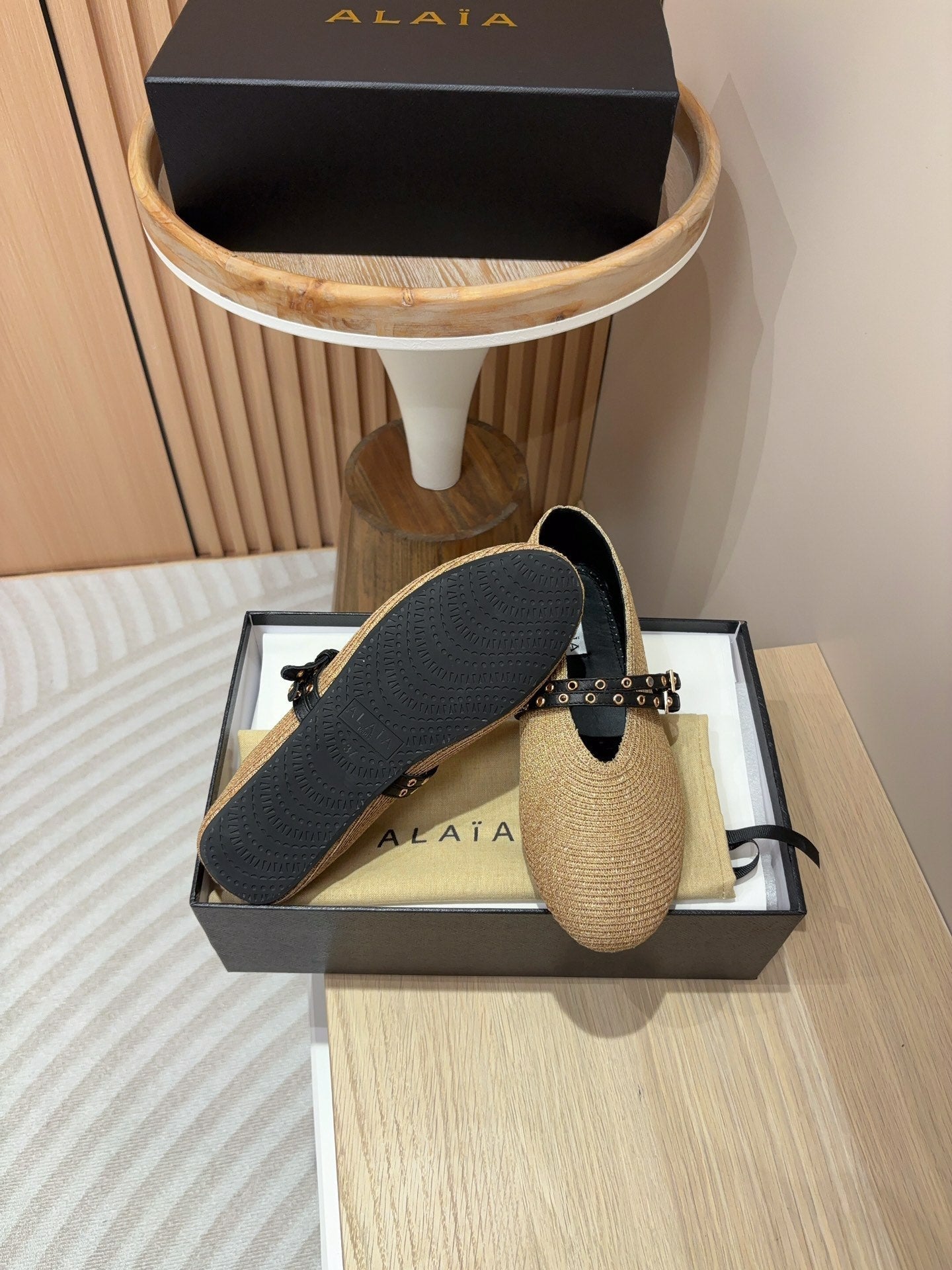 alaia ballet flat beige paper straw