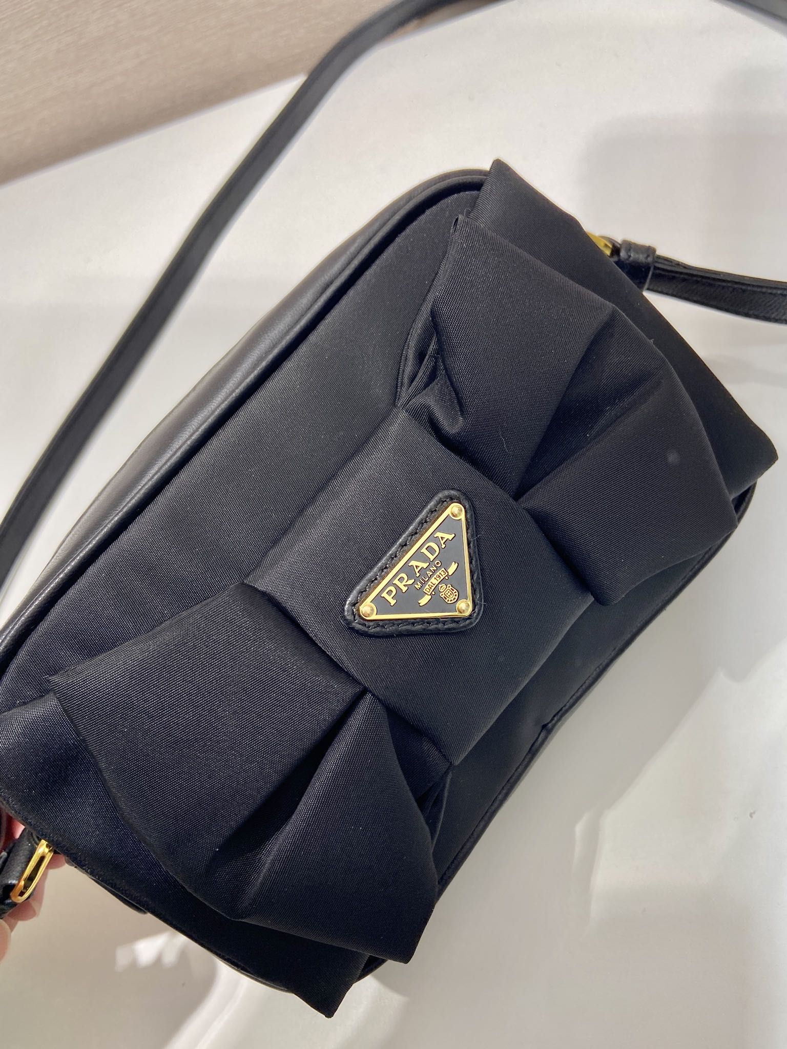 BOW BAG 18 IN BLACK RE-NYLON AND LAMBSKIN