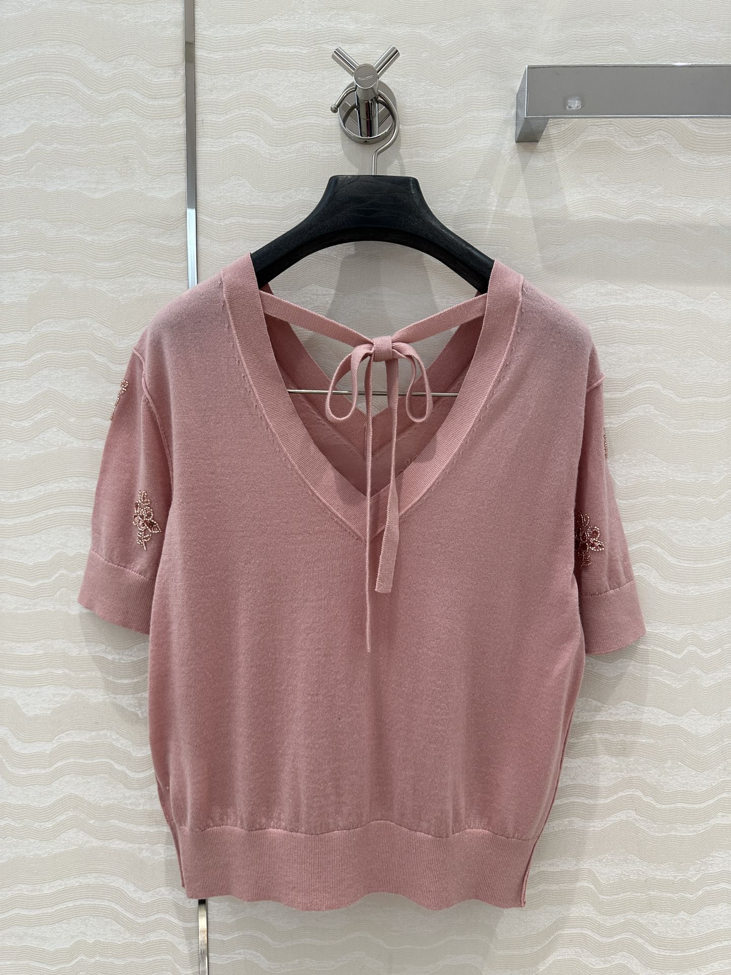 Fendi Beaded Flower V-neck Knitted Small Top Pink Wool