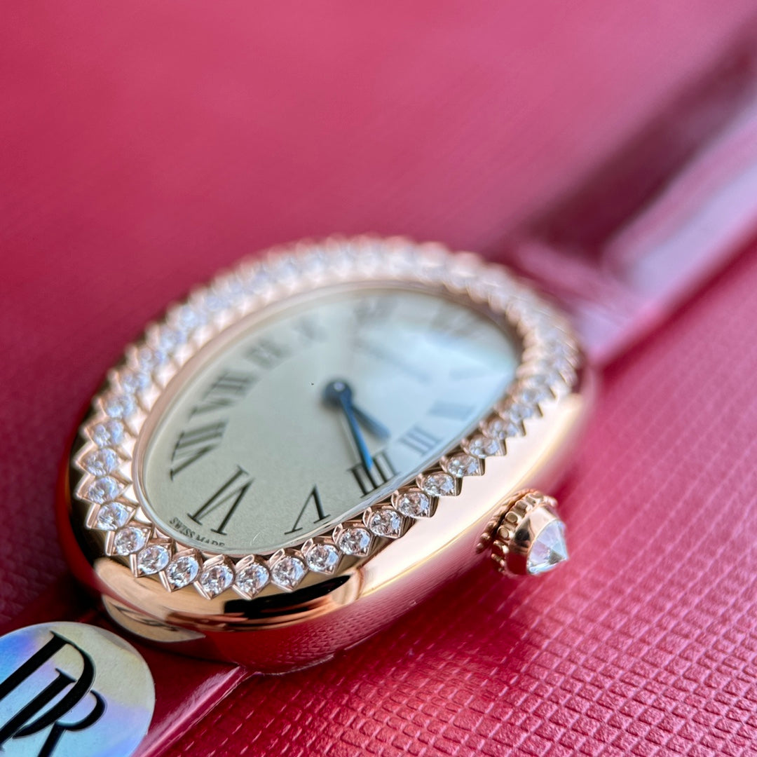 Baignoire 23mm Pink Gold Case Diamond Bezel Red Leather Strap
