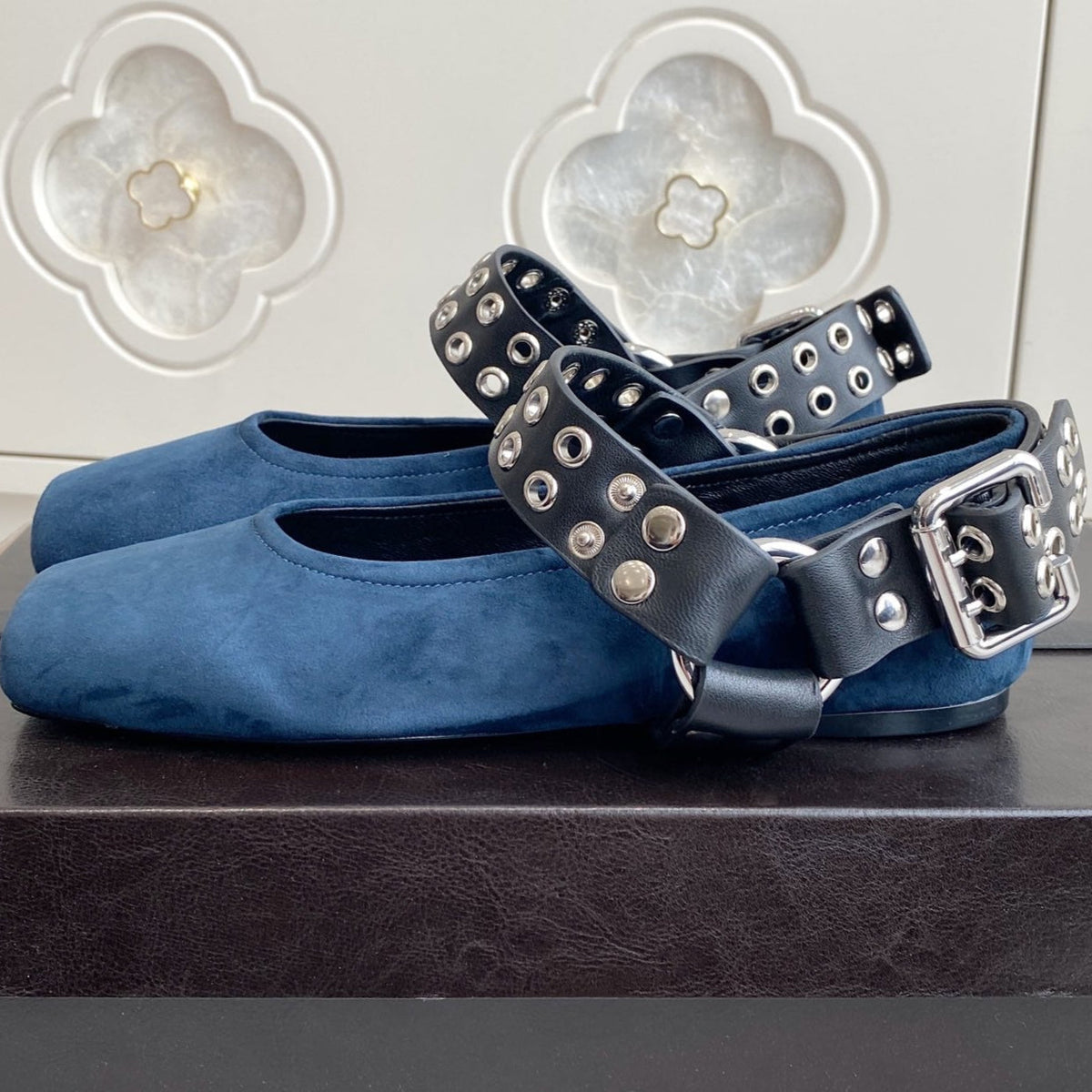 Alaia 25 Biker Ballet Flats Blue Suede  291056