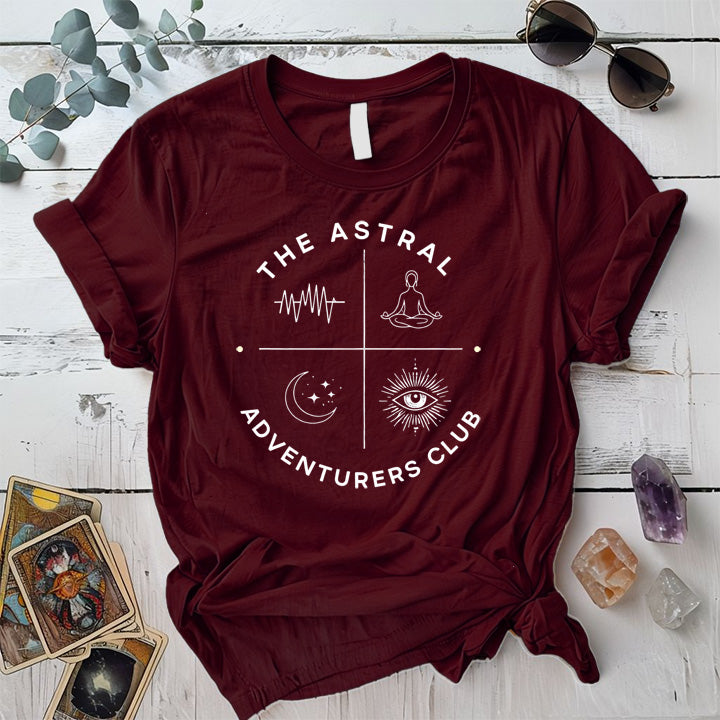 Astral Adventurers Club T Shirt Maroon Mockup