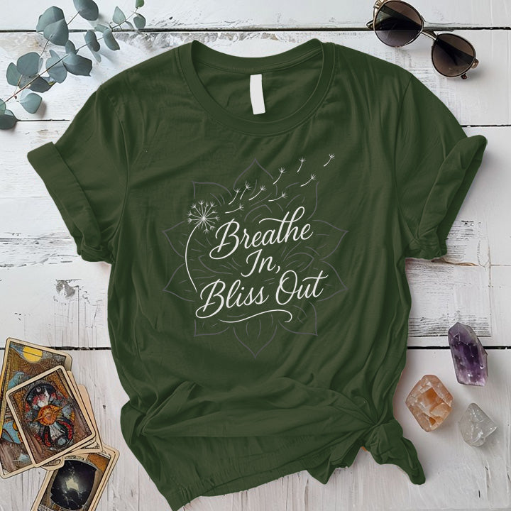 Breathe In Bliss Out Dandelion T-Shirt Mockup Military Green