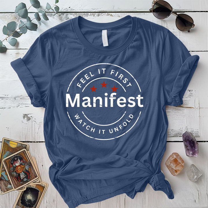 Feel It First Manifest T-Shirt Mockup Indigo Blue