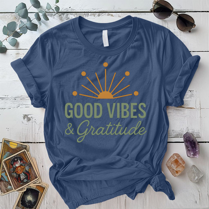 Good Vibes and Gratitude T-Shirt Mockup indigo-blue