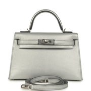 Hermes Mini Kelly II 20 Argente Chevre Chamkilight Bag Metallic Silver Lambskin