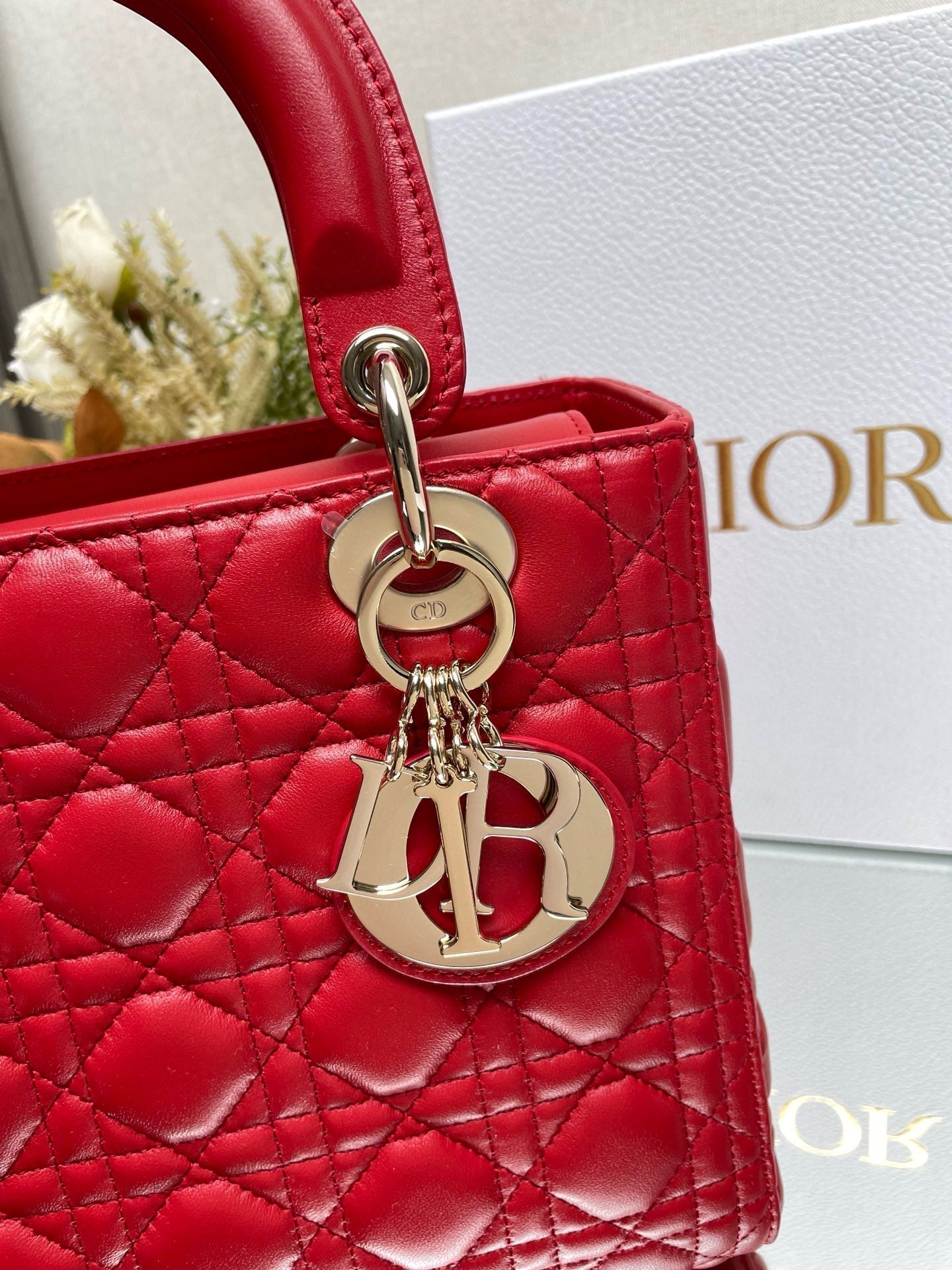 medium lady 24 red calfskin gold hardware
