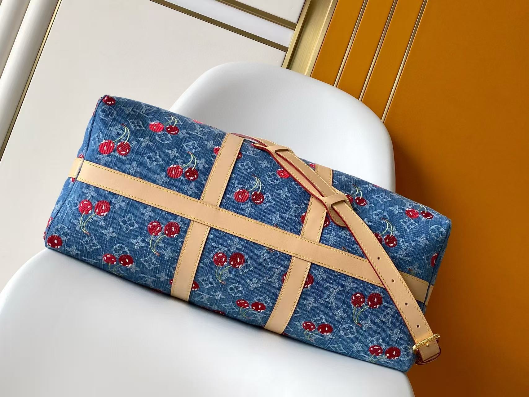 LV x TM Keepall Bandoulière 45cm Bag Blue Red Beige Denim Fabric Cowhide