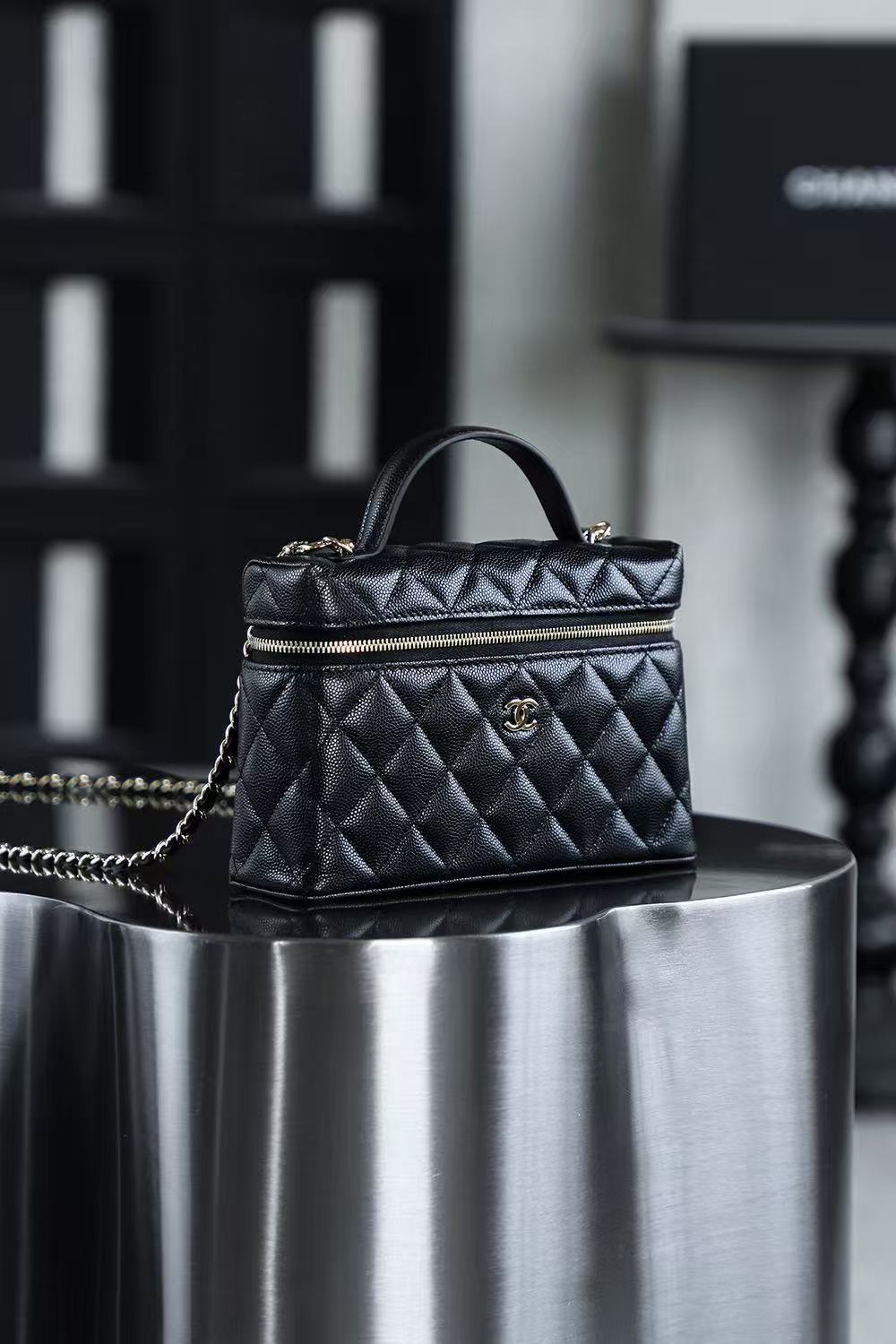 Chanel 2026 Vanity Bag 19.5cm Black Silver Caviar Leather