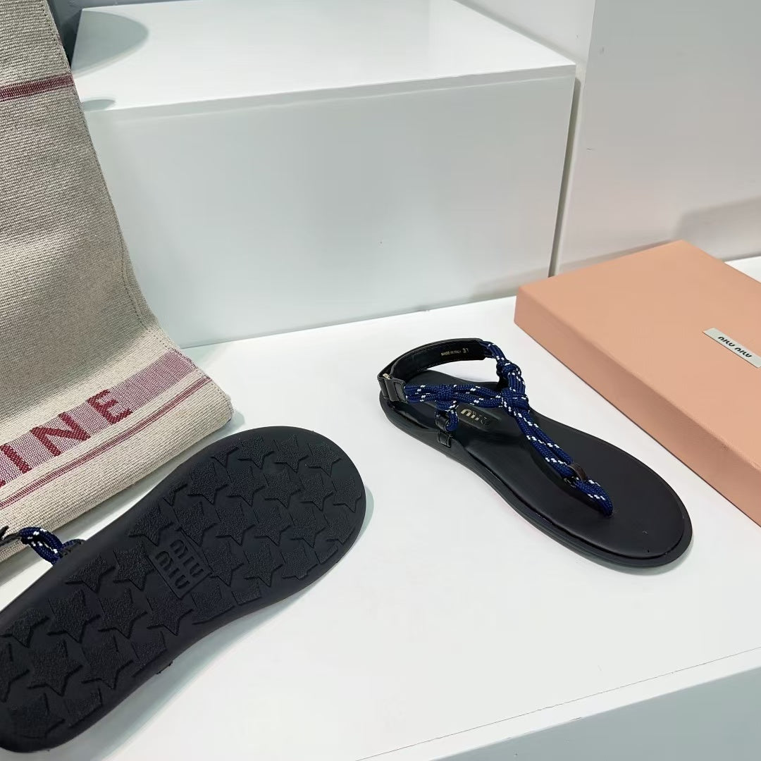 Miumiu 2026 Riviere Cord & Leather Black Blue Sandal
