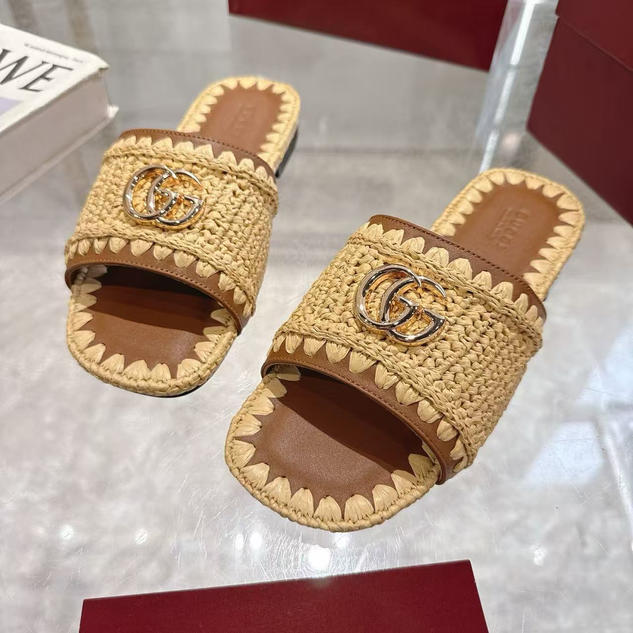 Gucci 2026 Slide Sandal Beige mix Brown Raffia Leather