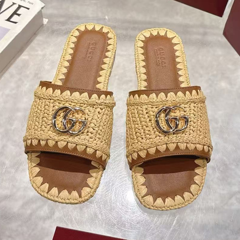 Gucci 2026 Slide Sandal Beige mix Brown Raffia Leather