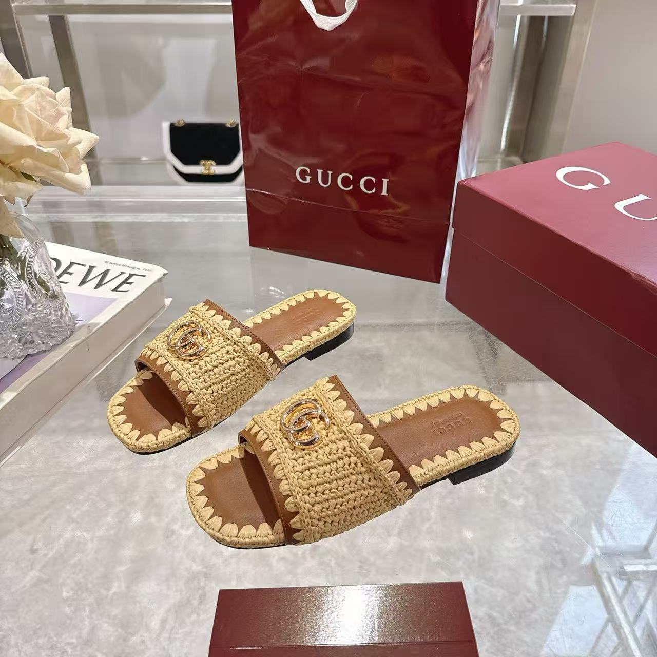 Gucci 2026 Slide Sandal Beige mix Brown Raffia Leather
