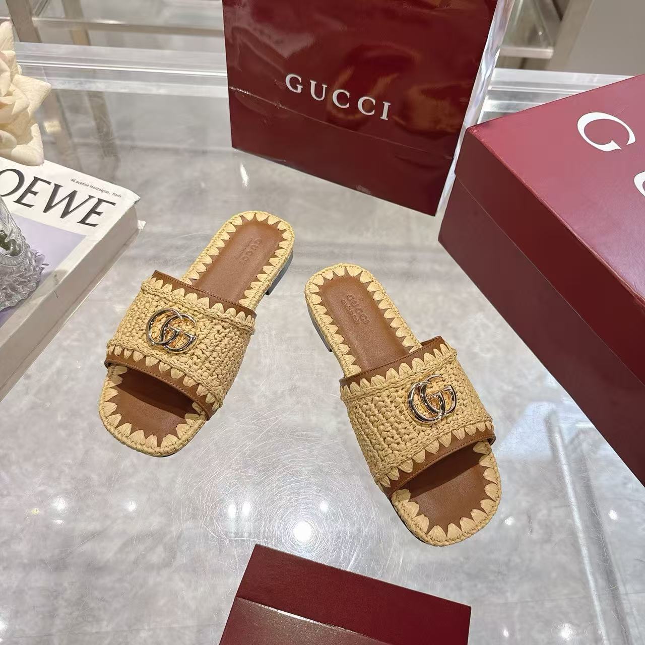 Gucci 2026 Slide Sandal Beige mix Brown Raffia Leather